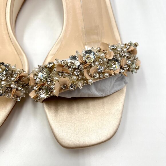 Badgley Mischka Size 7 Teasha Soft Nude Satin Jeweled Wedges Dress Sandals Shoes - Picture 5 of 15